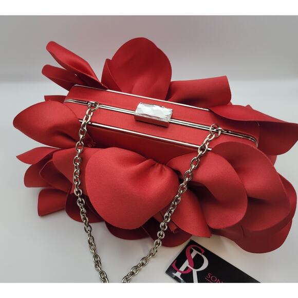 Sondra Roberts Red Evening Flower Purse/Clutch Chain Strap Rhinestone Closure - Picture 2 of 16